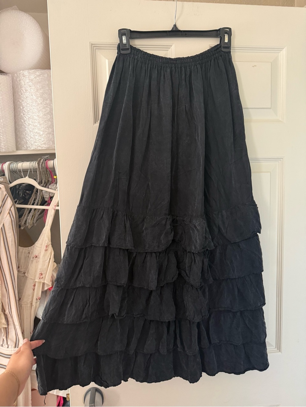 Vintage BVM Acid Wash Black Ruffle Tiered Maxi Skirt
